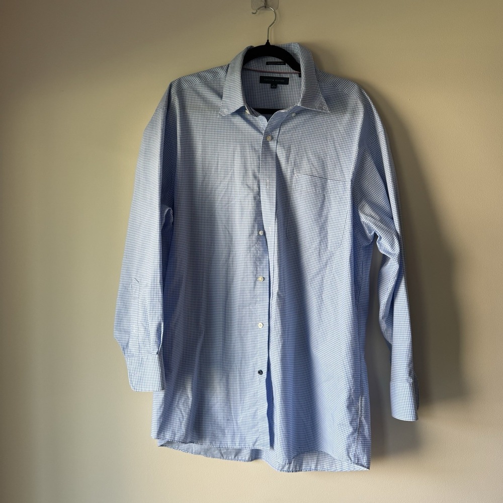Tommy Hilfiger Gingham Dress Shirt Blue White Regular Fit Non Iron 17 32/33